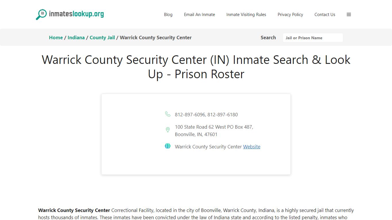Warrick County Security Center (IN) Inmate Search & Look Up - Inmate Lookup